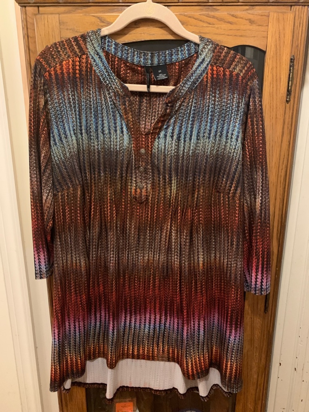 New Directions Multicolor Striped Henley Tunic Top